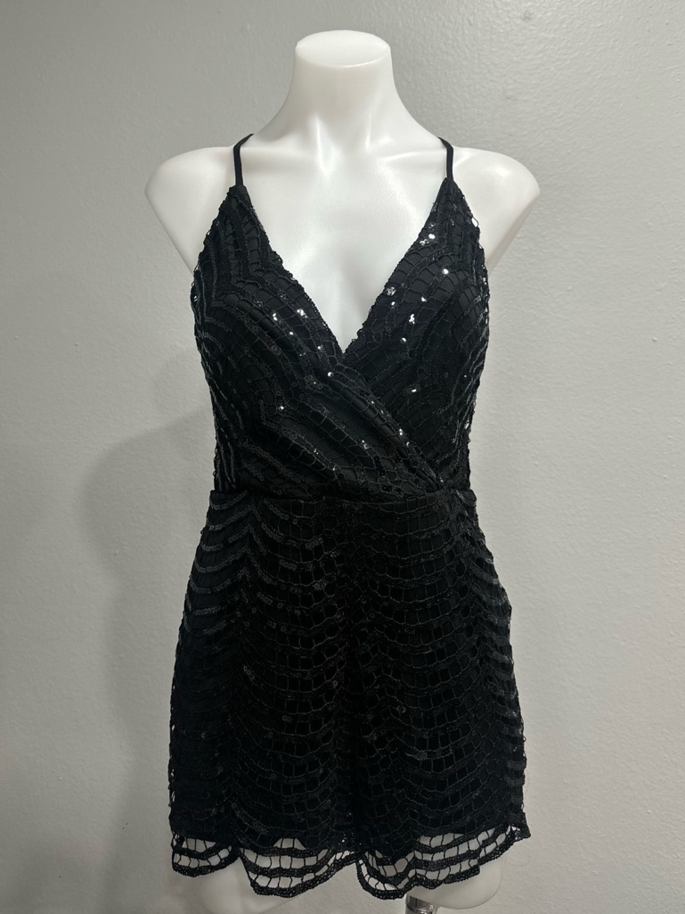 Black Sequin Lace V-Neck romper alpha & omega